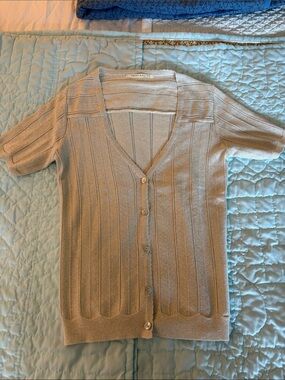 Light Silver Chemins Blanc V-Neck Short Sleeve Button Cardigan Sweater